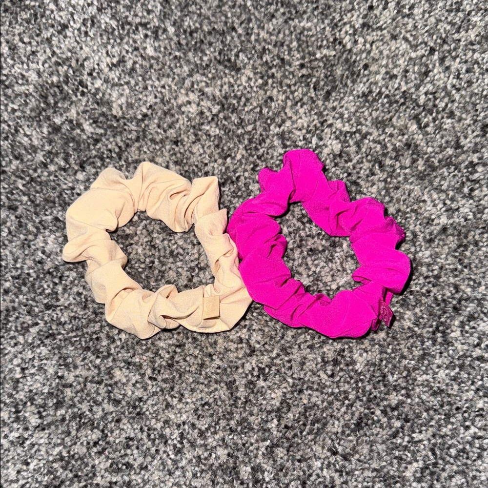 Lululemon Athletica Vibrant Pink and Soft Beige Scrunchie Duo